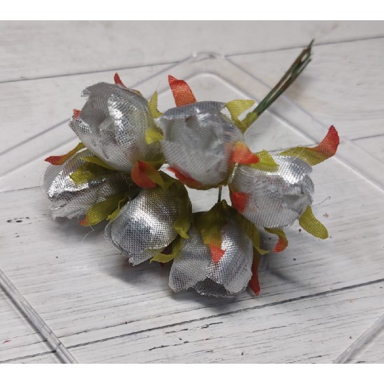 Бутоны 1,8*2,5 см на веточке (6 шт) цв. серебро, цена за пучок